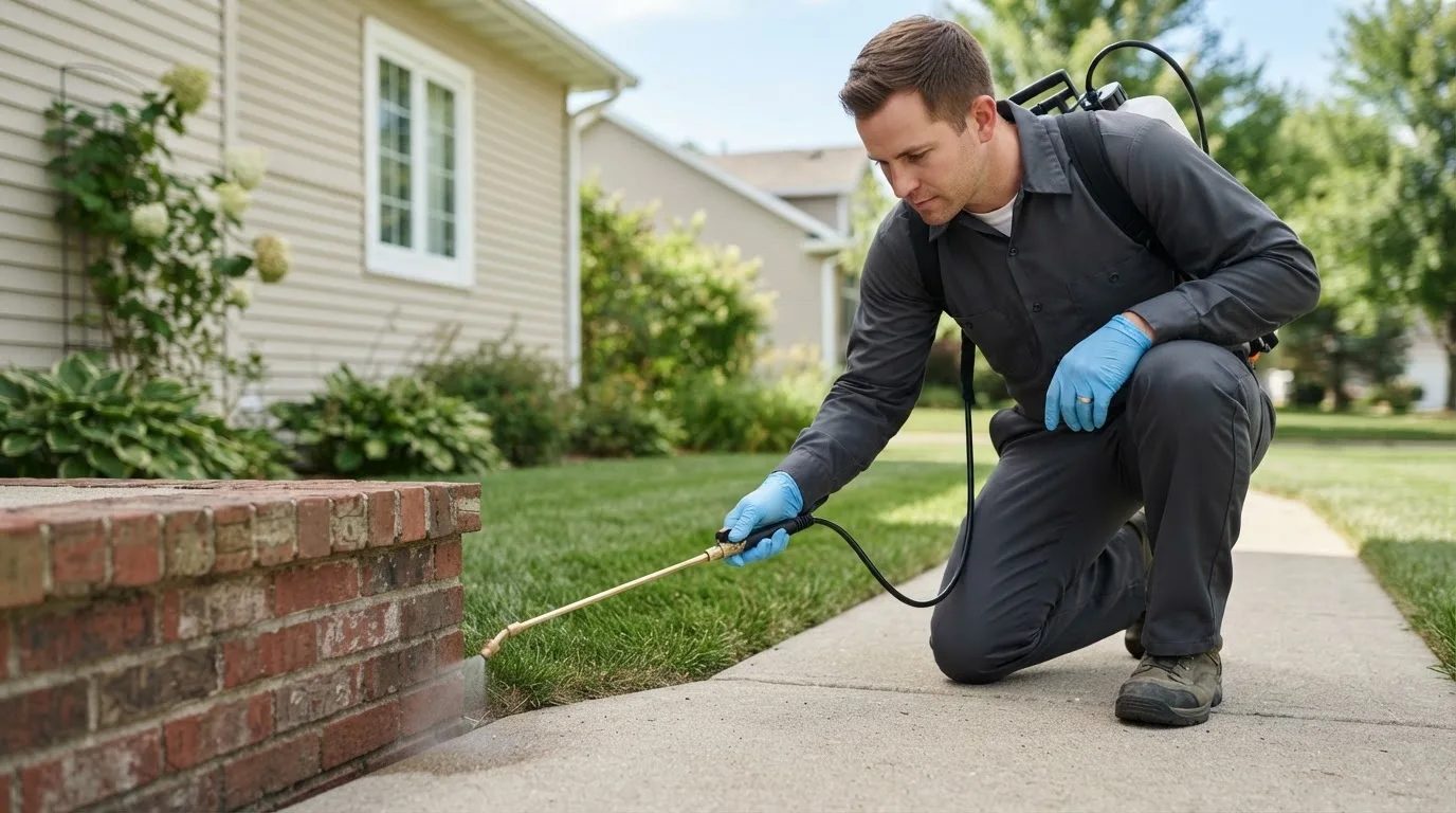 Pest control technician treating a home near Columbia, CT
